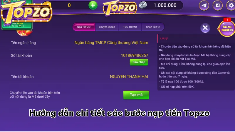 Hướng dẫn chi tiết các bước nạp tiền Topzo