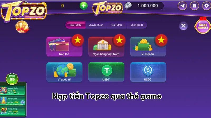 Nạp tiền Topzo qua thẻ game